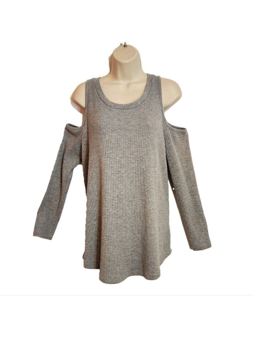Cherish Ribbed Cold Shoulder Long Sleeve Knit Top Gray Medium